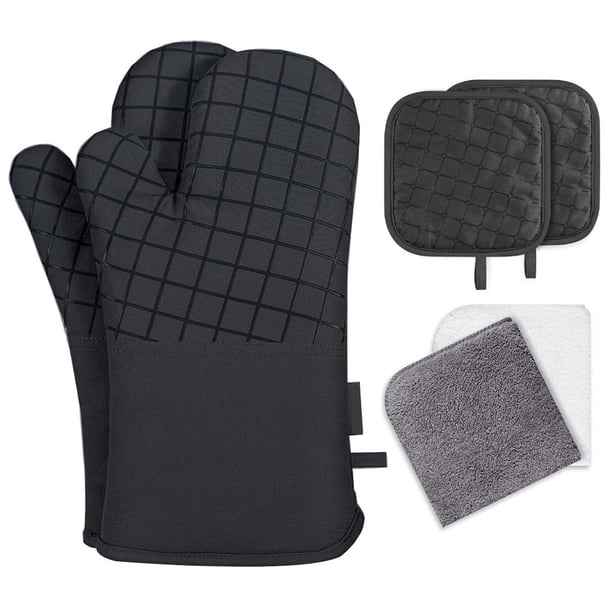 Inteprter guantes de cocina de silicona para microondas, juego de soporte para ollas, manoplas para horno, guantes de barbacoa resistentes al calor de Herramientas y accesorios para hornear Negro Inteprter HA003893-02