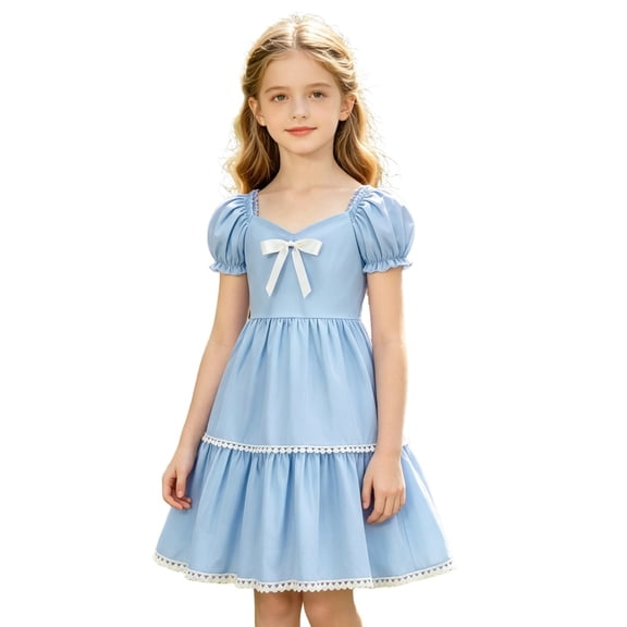 Glisme Toddler Girls Dress Solid Color Puff Sleeve Square Collar With Bowknot Back To School Lace Trim Tiered Dresses For Girls