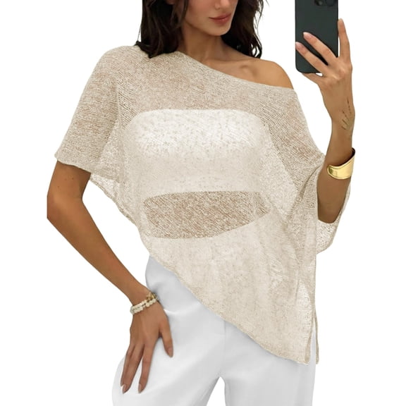 longantii Women Sheer Poncho Top Lightweight Knit Mesh Beach Cover Up, Summer Poncho Shirt Shawl for Vacation Festival Outfits Beige S