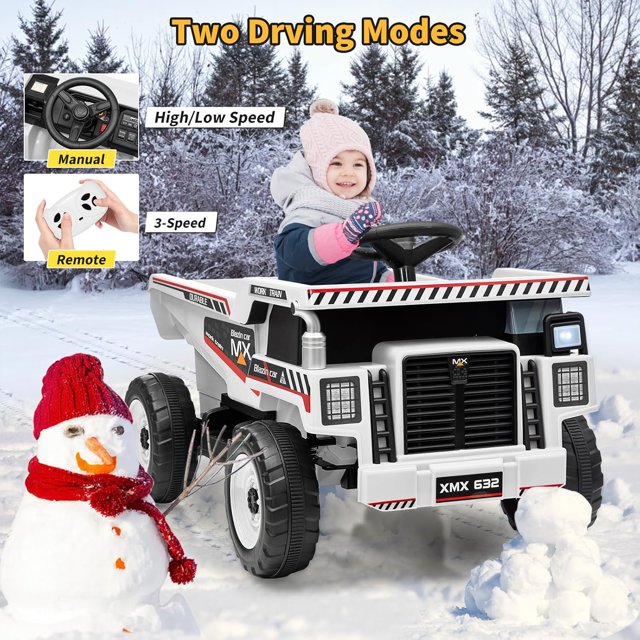 OUYAWEI 12V Ride on Dump Truck,Construction Vehicle Ride on Toy with Remote Control, Electric Dump Bed & Shovel with Spring Suspension, Music, and LED Lights,White