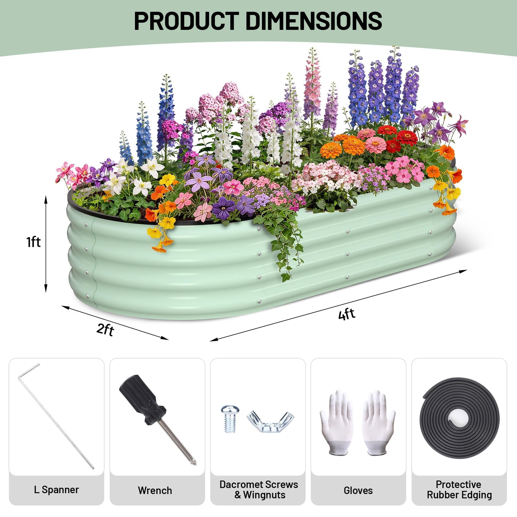 2 Pcs Galvanized Raised Garden Bed, Raised Garden Beds Outdoor, Oval Planter Raised Beds with Gloves and Rubber Edge Trim for Vegetables, Flowers and Herbs, 4x2x1 FT, Green