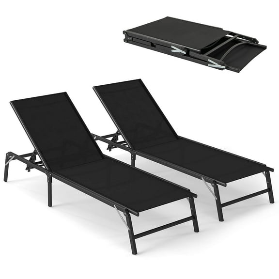 Costway 2 PCS Reclining Lounge Chairs Folding Patio Recliner Chair with 5-position Backrest Black