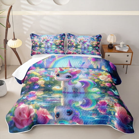 Metsweet Magical Unicorn Twin Quilt Set, Princess Castle Butterfly Twin Coverlet Set