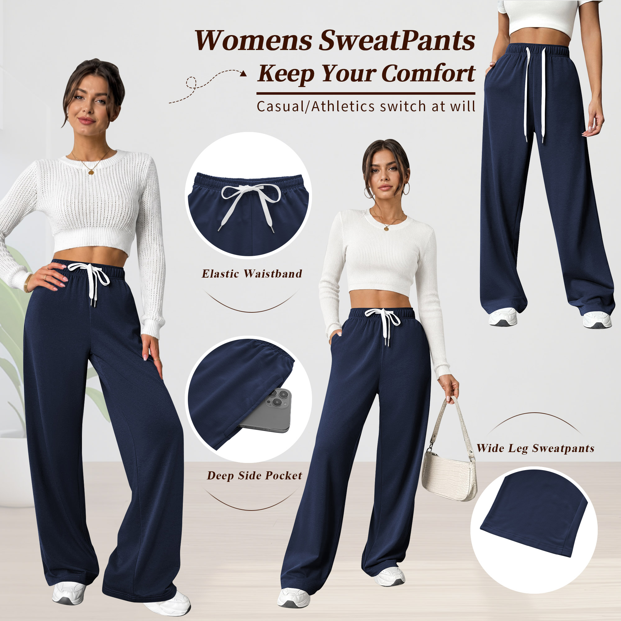 Temofon Women's Fall Sweatpants with Pockets, Dark Blue photo 3