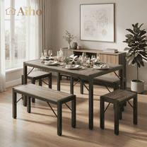 Aiho Dining Table Set for 6 Person, 63" Kitchen Table with 2 Benches & 2 Stools, Space Saver Dining Set for Kitchen, Dining Room, Living Room, Gray