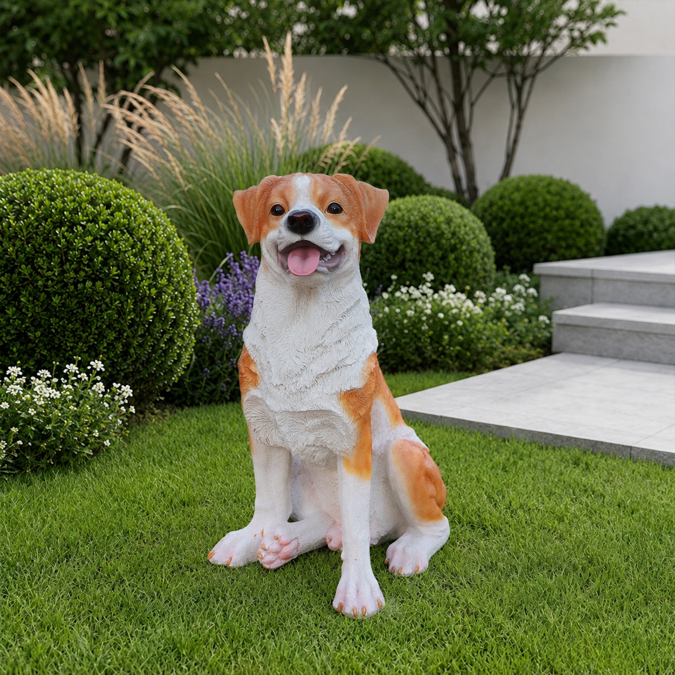 Noble House Lifelike Sitting Hound Dog Statue, Realistic Resin Animal Figurine for Outdoor Garden Decor, Brown White