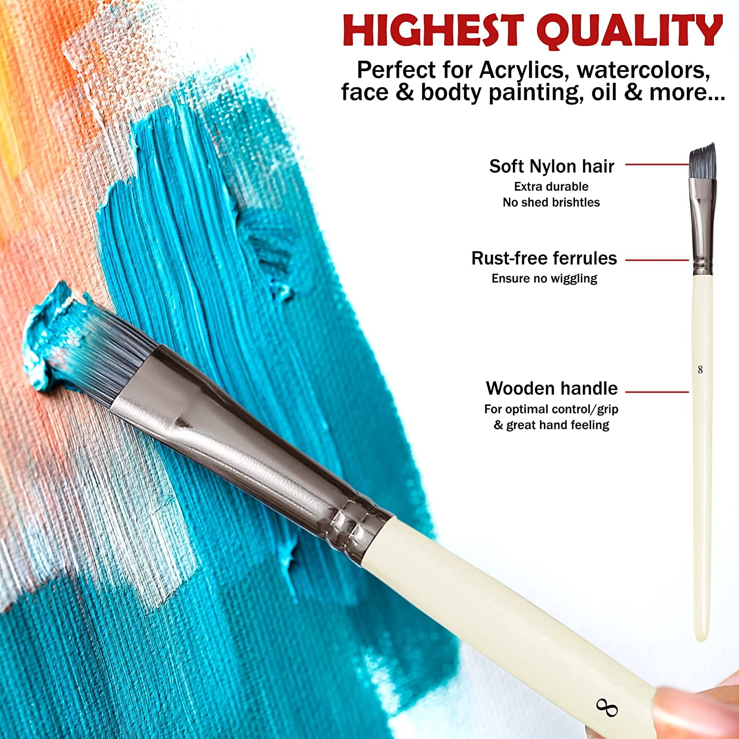 JJEAN-Artist Paint Brushes Set 10pcs for Acrylic Oil Watercolor Gouache Paint by Numbers, Art Face and Body Professional Miniatures Painting Kits with Anti-Shedding Nylon Hair Tips Paintbrushes