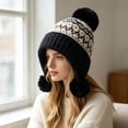 thumbnail image 5 of AVRNLIQ Womens Knit Beanie with Ear Flaps Fair Isle Pom Pom Winter Hat Black, 5 of 6