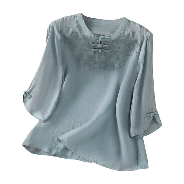 Vestidos Casuales Para Mujer, Blusas De Mujer De Moda Blusa bordada de imitación de lino con mangas 3/4, cuello redondo y hebilla, moderna