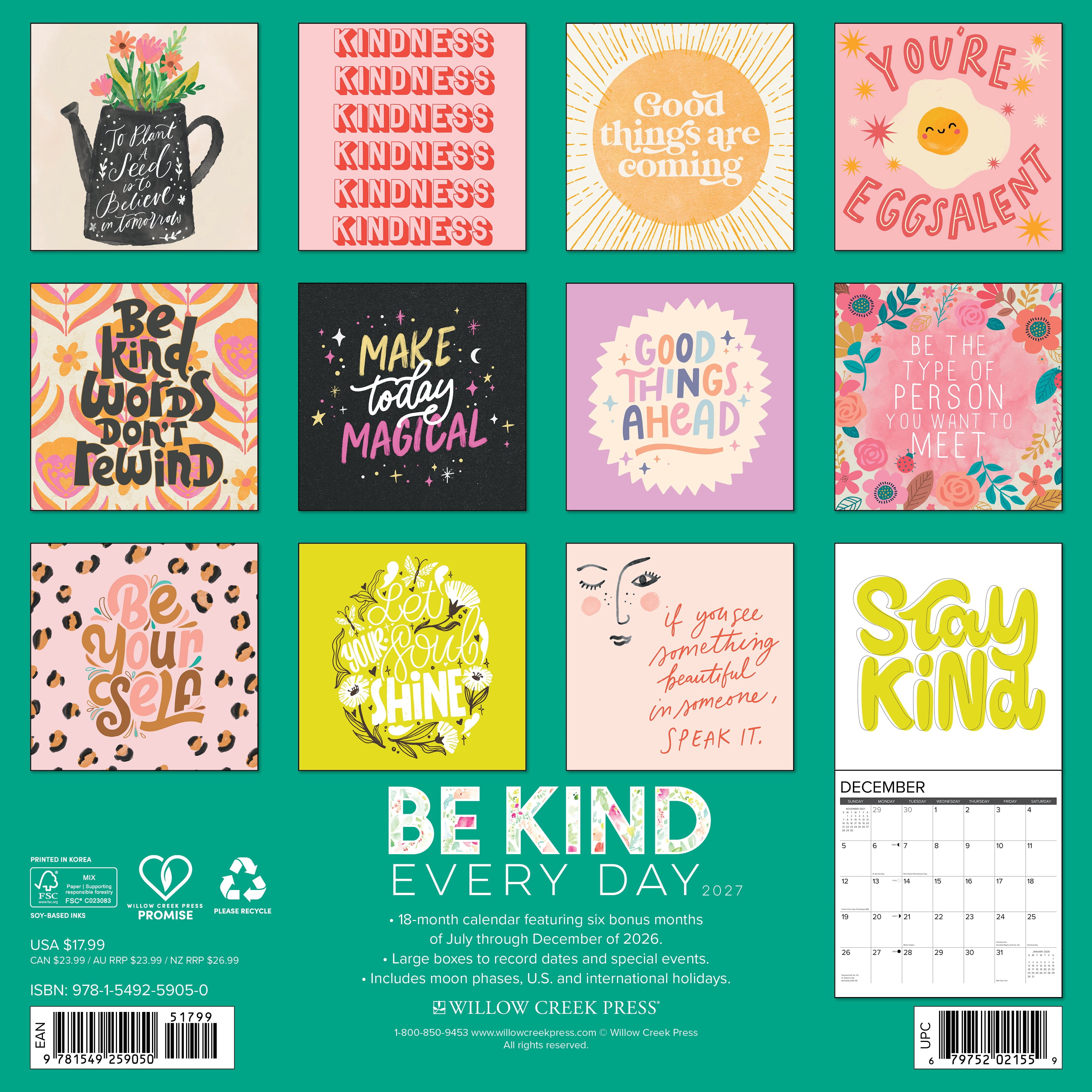 Willow Creek Press, Be Kind Every Day 2027 Wall Calendar
