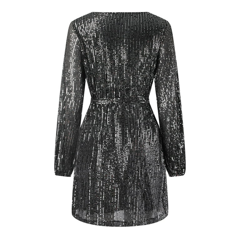 Gubotare Sequin Dress for Women Long Sleeve Crewneck Evening Dresses Silver  Sparkly Mini Short Dress Party Prom formal Dress,Black L