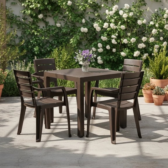 Comedor Plástico 4 Sillas Apilables 1 Mesa Apariciencia Madera Interior Exterior Ideal Patio Jardín Terraza Alberca Playa RIMAX