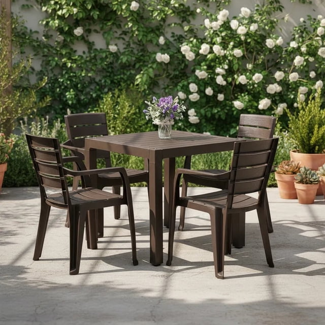 Comedor Plástico 4 Sillas Apilables 1 Mesa Apariciencia Madera Interior Exterior Ideal Patio Jardín Terraza Alberca Playa RIMAX