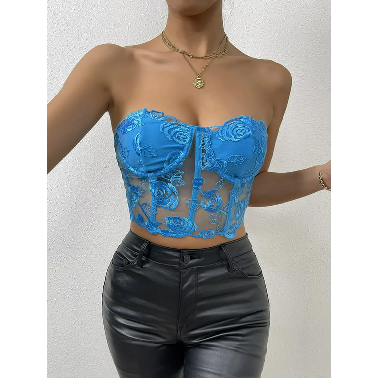 Women's Lace Corset Top Strapless Backless Floral Lace Mesh