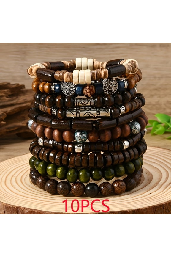 10 Pcs Bohemian Style Fashion Wooden Bead Handmade Couple Bracelet Set Hemp Cords Wood Beads Ethnic Tribal Bracelets