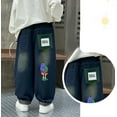thumbnail image 5 of FAOWME Big Boys Denim Pants With Pocket Elastic Waist Wide Leg Straight Fit Cartoon Print Comfortable Loose Jeans Trousers For Daily Wear Blue 15-16 Years, 5 of 9