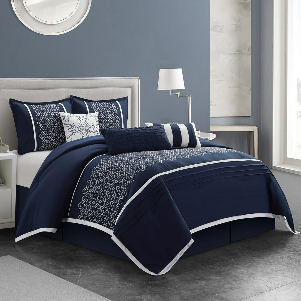 7 Piece Bedding Comforter Set Luxury Bed In A Bag, Queen,Navy - Walmart ...