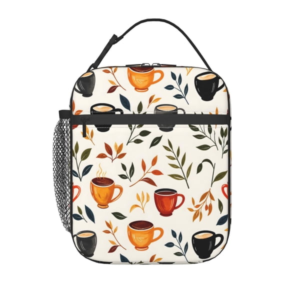 Coffee Cup Fall Leaves Lunch Bag Reusable Thermal Lunch Tote with Handle for Women and Men