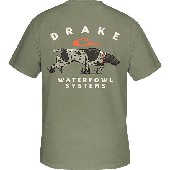 Drake Waterfowl Mens Pocket T-Shirt - Retro Pointer Short Sleeve Design-Sage Light Heather-small