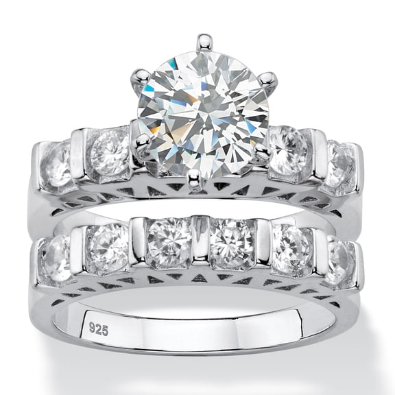 3 TCW Cubic Zirconia Platinum-plated Silver 2-Piece Bridal Wedding Ring Set