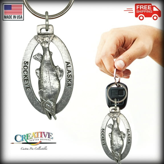 Alaska Sockeye Salmon Keychain, Red, Fish, Fishing, A604KC, Key Fob, Key Ring, Keys, Zipper Pull, Luggage Tag, Pewter, Backpack, Over 300 Keychains Designs, Handmade in the USA