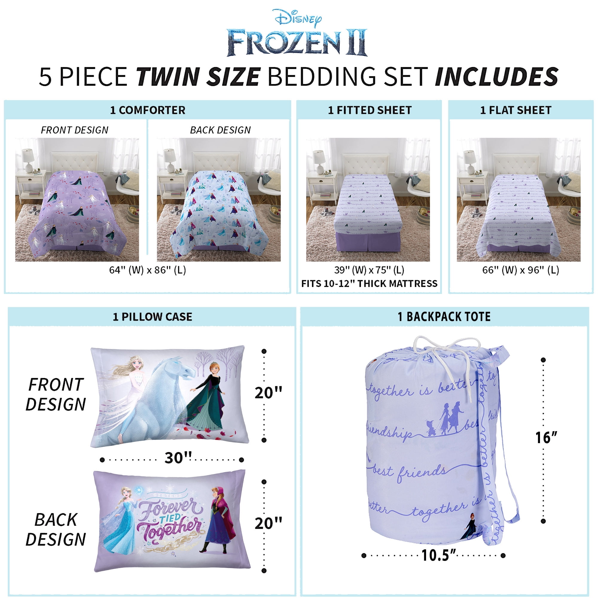 Disney Frozen Kids Twin Bed in a Bag, Comforter Sheet Set and Bonus Tote, Purple