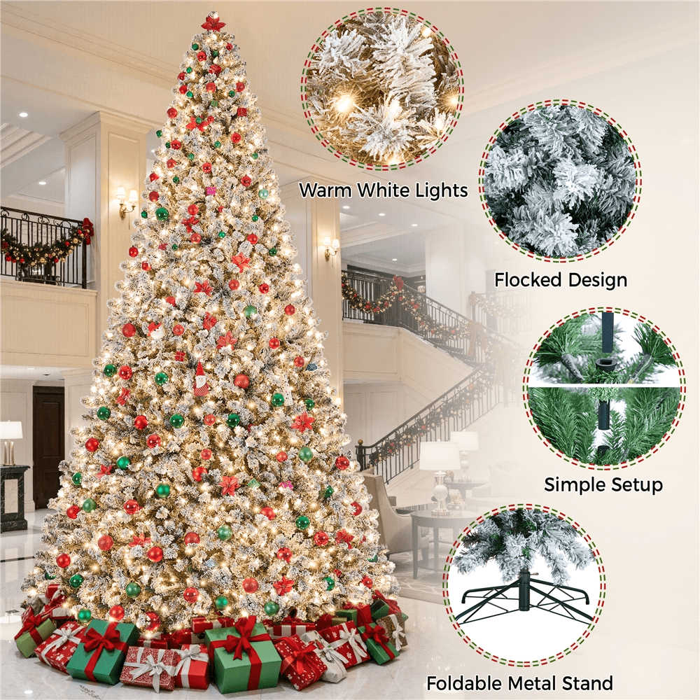 Renwick 12Ft Pre-lit Flocked Artificial Christmas Tree with Foldable Stand, Green