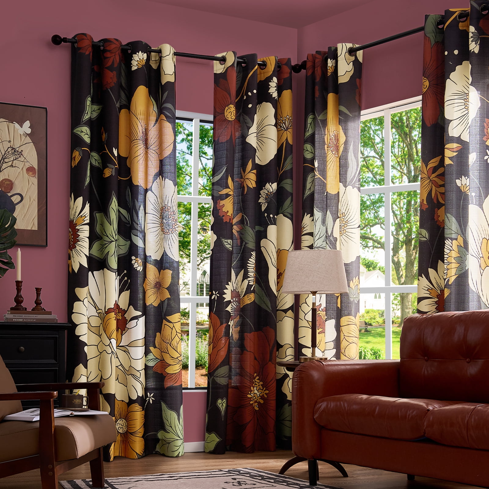 Curtainking Boho Floral Curtains for Bedroom Black Farmhouse Drapes for Living Room Vintage Flower Printed Curtains 2 Panel Set with Grommet Top 52 Inch Wide x 84 Inch Long