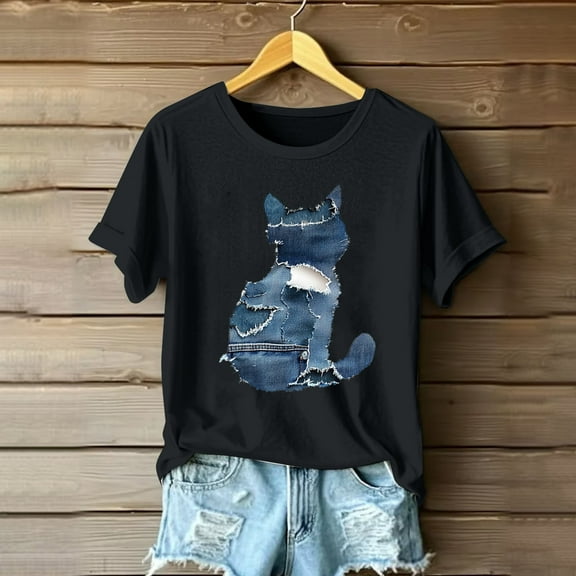 Qulqfy Kitten Shirts for Women Cat Print Black Cute Cartoon Shirts Short Sleeve Women's Graphic Tops L