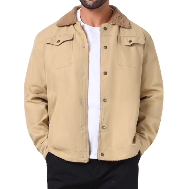 Abrigo de invierno INSPIRE CHIC para hombres, con cuello, botones en la parte delantera, forro de felpa, bolsillos, chaqueta de camionero, color caqui claro
