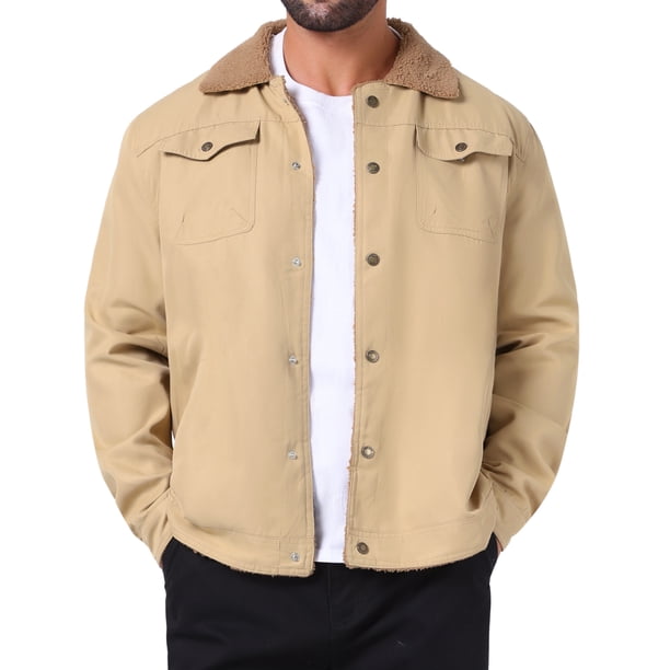 Abrigo de invierno INSPIRE CHIC para hombres, con cuello, botones en la parte delantera, forro de felpa, bolsillos, chaqueta de camionero, color caqui claro
