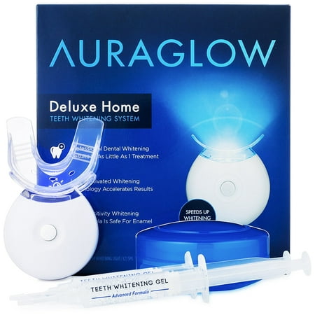 AuraGlow Teeth Whitening Kit, LED Light, 35% Carbamide Peroxide, (2) 5ml Gel Syringes, Tray and (Best Whitening Gel For Trays)