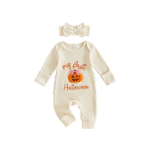 RUINIXCW Newborn Baby Girl My First Halloween Fall Winter Clothes Infant Baby Girls Waffled Romper Pumpkin Embroidery Long Sleeve Jumpsuit with Headband