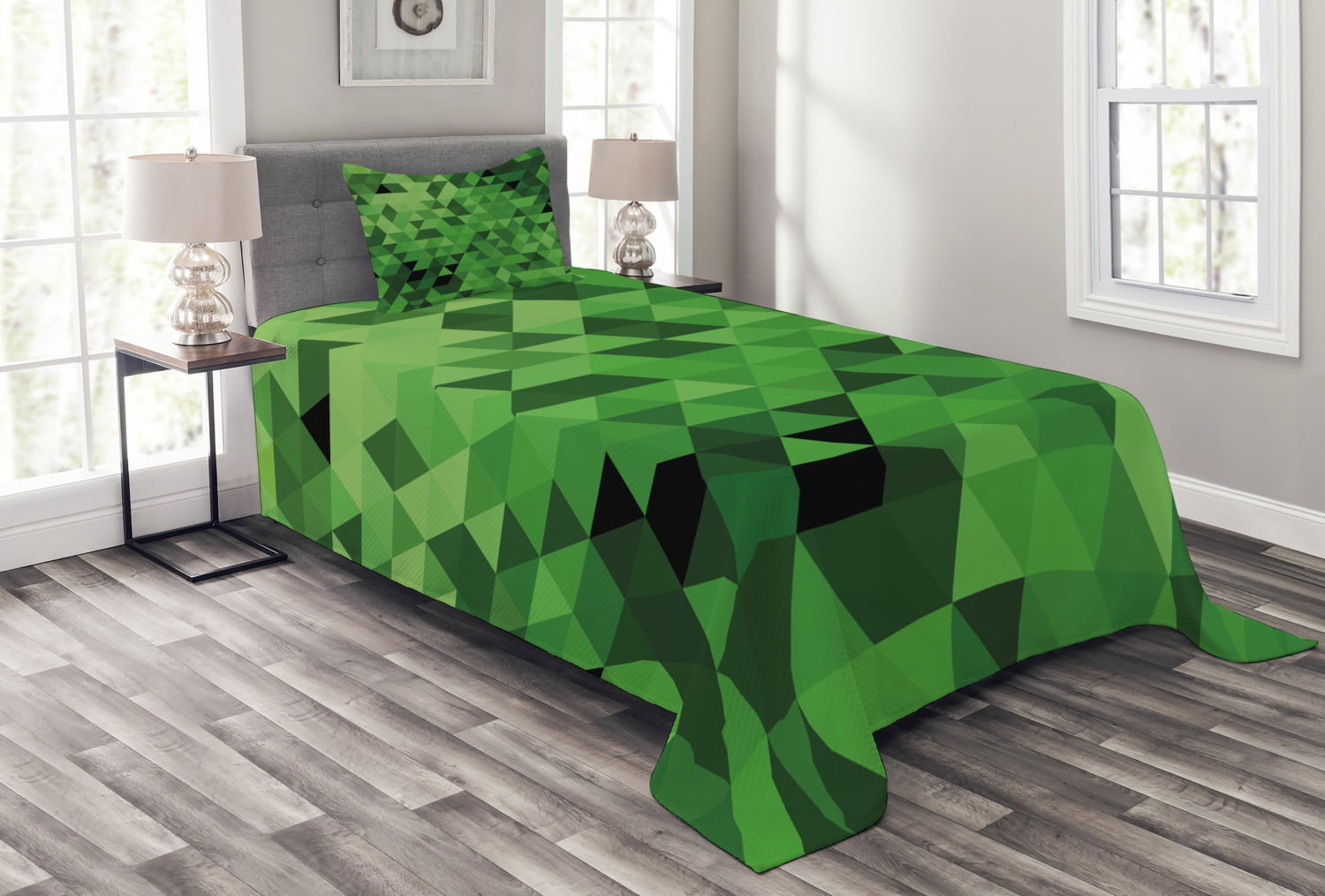 Green Bedspread Set Twin Size, Triangles in Green Shades Abstract