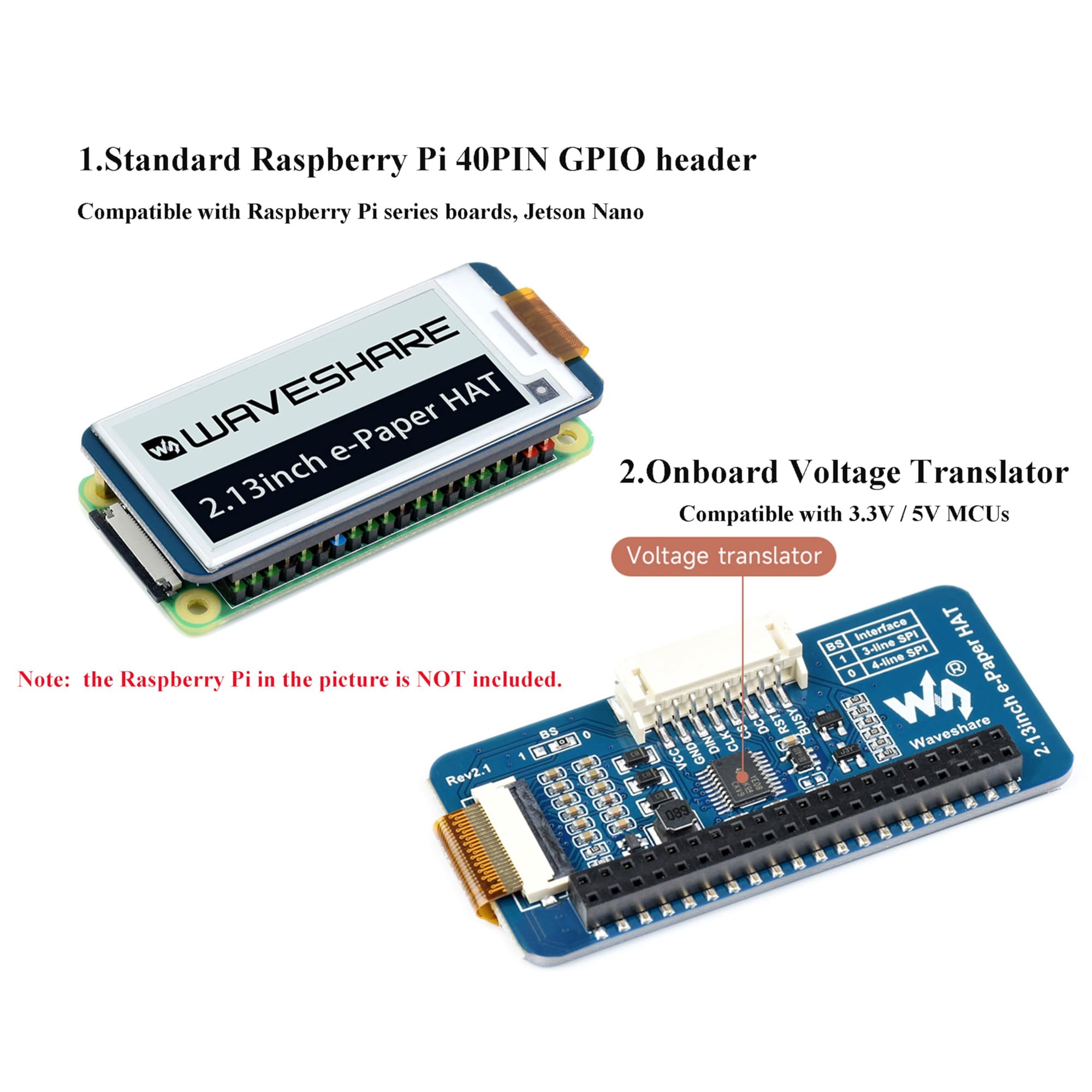 2.13-inch E-Paper Display HAT for Raspberry Pi – 250×122 Resolution, SPI Interface, E-Ink Screen