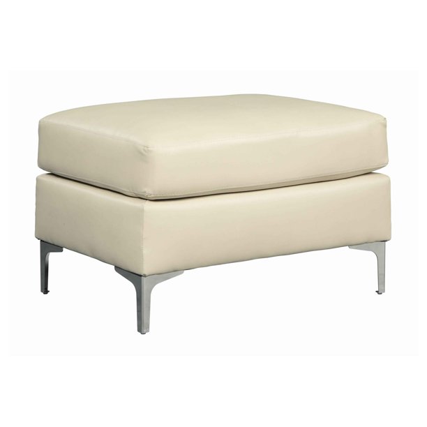 Wooden Leatherette Upholstered Ottoman with Metal Legs, Silver and