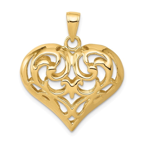 14K Yellow Gold Charm Pendant Themed 29 mm 23 Polished 3-D Filigree Heart