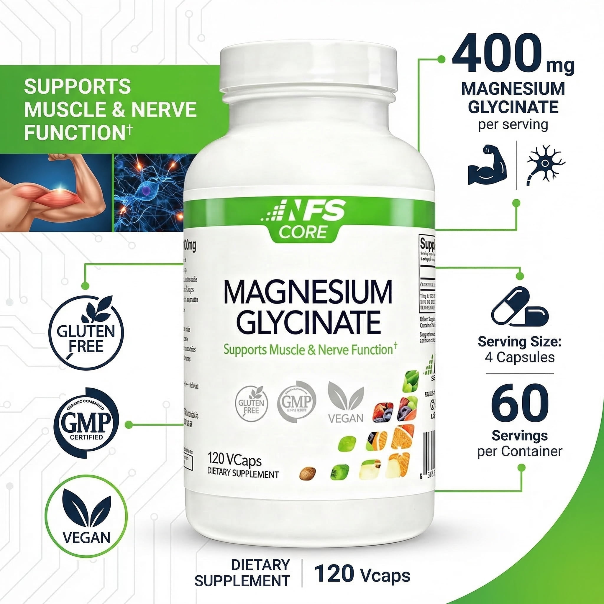 NF Sports Core Magnesium Glycinate High Absorption 400 mg per Serving Vegetarian Capsules, 60 Servings, 120 Count