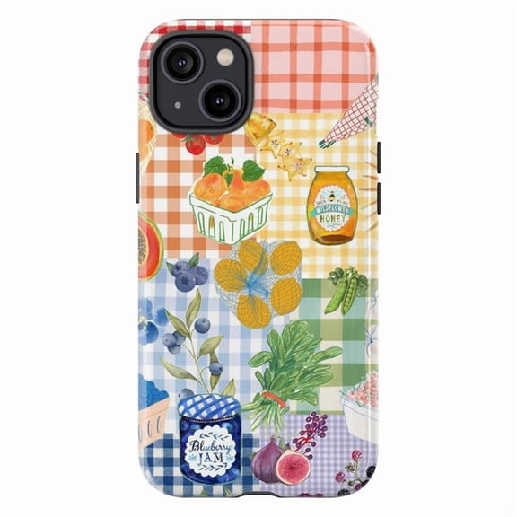 Gingham Patchwork Farmers Market Phone Case, Picnic Fruit & Produce Collage Cover for iPhone 17 16 15 14 13 12 11 Pro Plus Mini