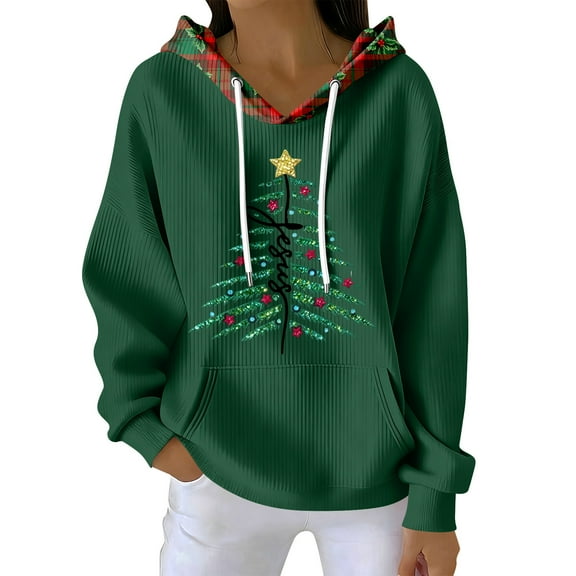 Women's Fashion Casual Christmas Print Pullover Long-Sleeve Sweatshirt with JESUS Design for Holiday Season and Comfortable Wear,Dark Green,XL