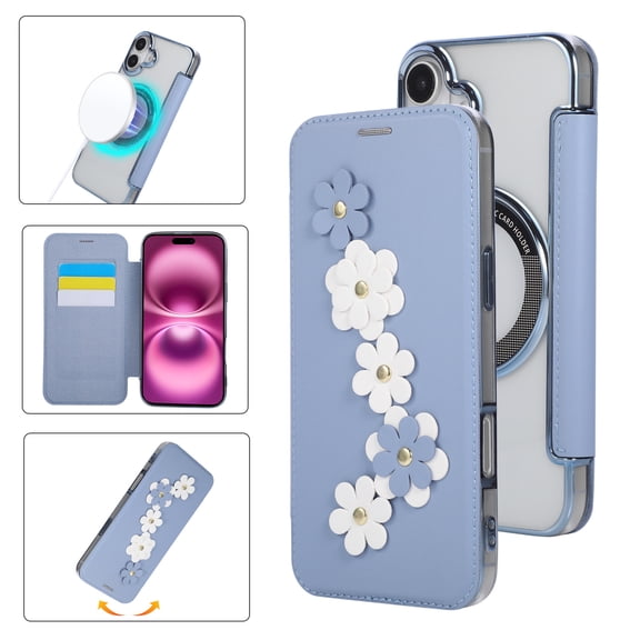 Eombossed Floral Flip Case for iPhone 16 Plus, Case Wallet PU Leather with Card Holder RFID Blocking Compatible with MagSafe Protection Clear Back Shockproof Cover for iPhone 16 Plus, Blue