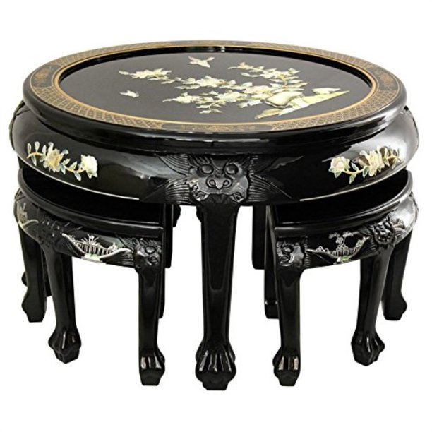 Oriental Furniture Black Lacquer Mother Of Pearl Round Coffee Table With Four Stools Walmart Com Walmart Com