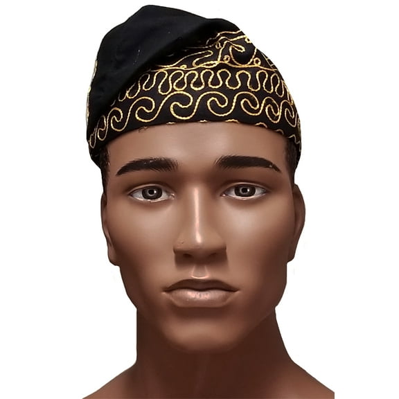 Black African Kufi Hat with Gold Embroidery