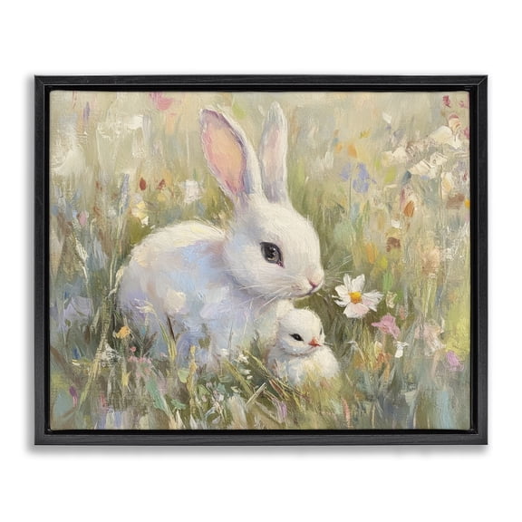 Stupell Industries Shabby Chic White Rabbit Easter and Flowers Black Floating Frame Canvas Art, 21 x 17, by Petals Prints Design