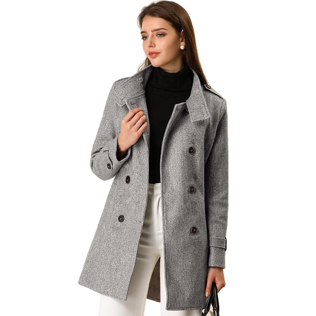 Abrigo de invierno con cinturón y bolsillos con doble botonadura y cuello alto para mujer gris M
