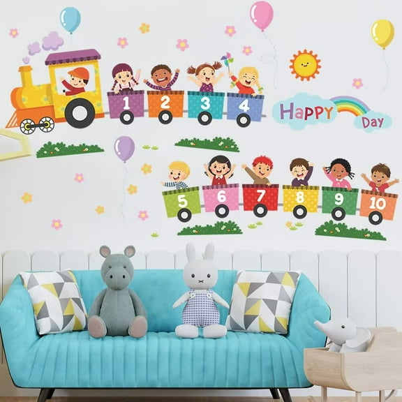 Train Number Kids Wall Stickers, Learning Colors Figures Preschool Wall Decals Peel and Stick Art Wall Decors, Suitable for Nursery, Baby Room, Kids Playroom, Classroom…