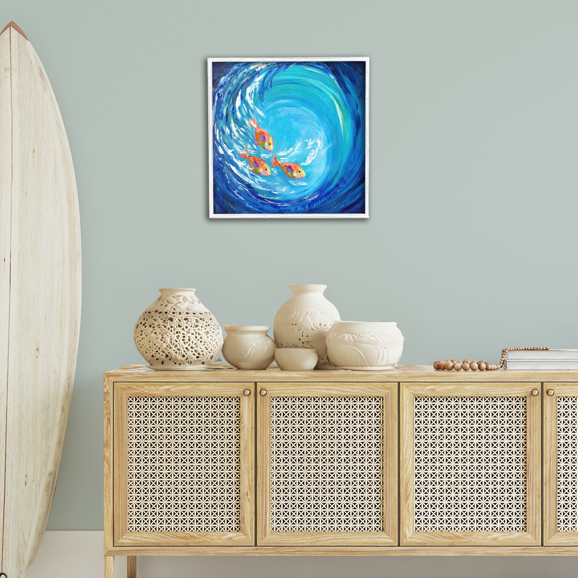 Stupell Industries Into The Blue Fish Landscape Painting White Framed Art Print Wall Art, 24 x 24
