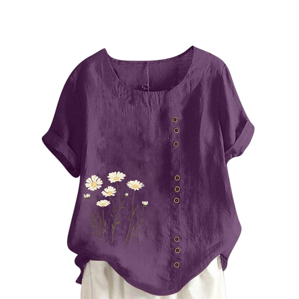 Camisetas de Manga Corta para las Mujeres Impreso Botón de Manga Corta Camiseta Blusa Poliéster, Ropa Casual Mirar Superior para las Mujeres