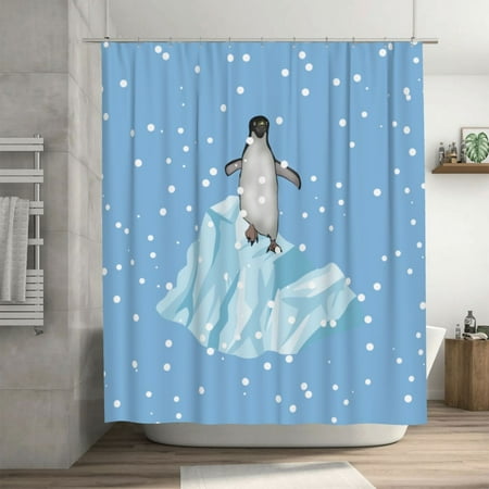 Cartoon Cute Penguin Snow Animal Pattern Shower Curtain, Blue Waterproof Bath Curtains for Bathroom Decorations, 72 x 72 inches