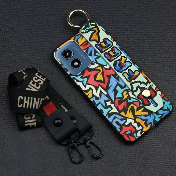 LYM-Phone Case For MOTO G Play 2024/4G/5G, Soft case Anti-knock Shockproof Graffiti Lanyard Fashion Design Silicone Phone Holder Wrist Strap Durable Protective Kickstand Personality Ring